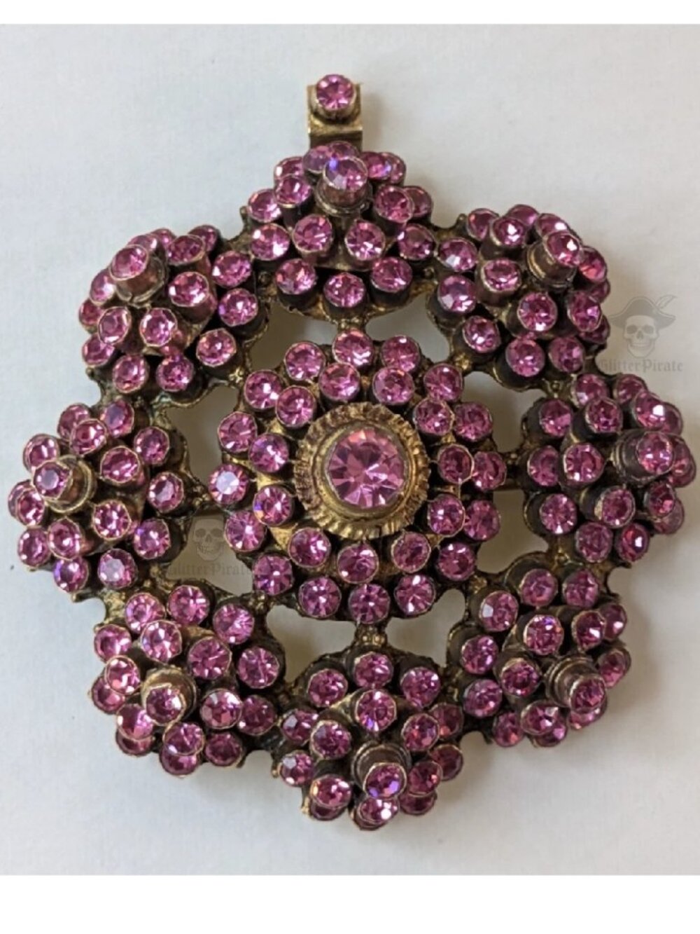 Antique French Regional Silver Pink Paste Brooch Pendant Late 1800s Flower Tier